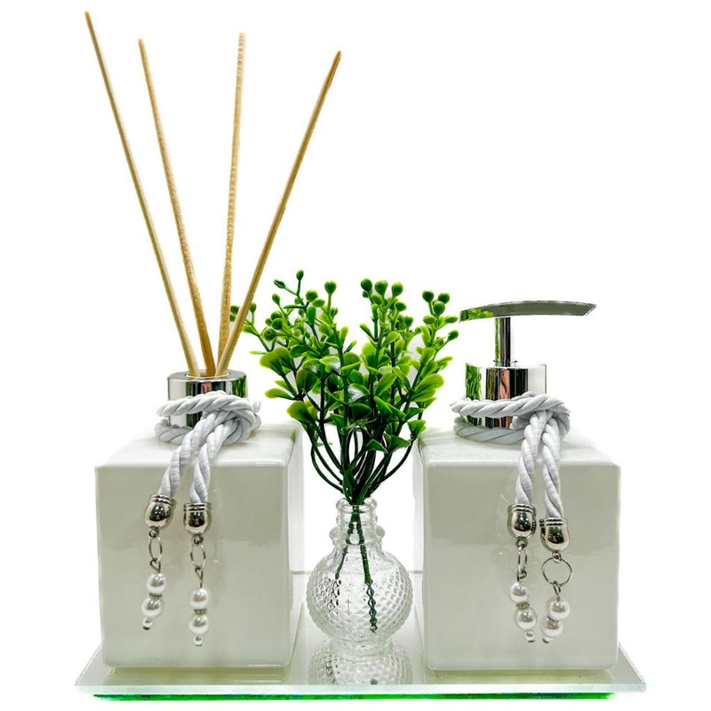 Kit Frascos de Vidro White Luxo Para Lavabo - Aromatizador de Ambiente/Saboneteira/Bandeja/Varetas
