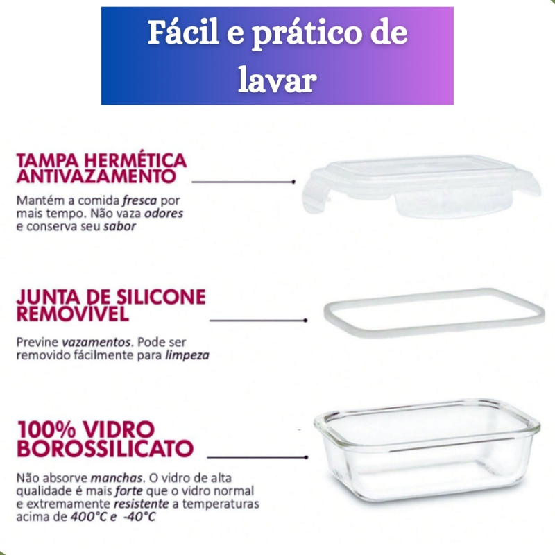 Kit de 6 até 12 Potes de Vidro 640ml - 370 ml Hermético Marmita Fit com Tampa 4 Travas Premium