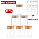 Kit 12/6 Potes de Vidro 200ml com Tampa Bambu Hermética - Porta Mantimentos Pequeno para Especiarias e Grãos