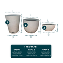 Kit Com 3 Vasos Decorativo de Planta Escovado Polietileno Com Prato Cone + Bojo + Bacia
